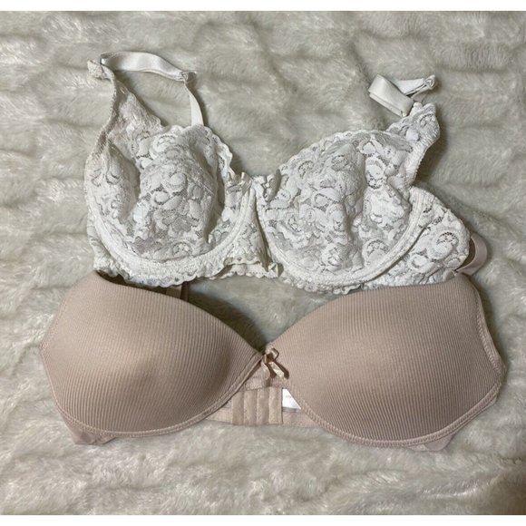 Lot of 2 Bras 38C Women’s Adrienne Vittadini / Daniel Laurent White Beige - Picture 1 of 12